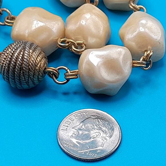 Vintage Wire Wrapped Beaded Necklace, Beige Pearled Gold Rope Beads, 36" - Picture 12 of 12